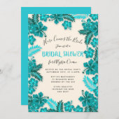 ティール（緑がかった色）アクアハイビスカストロピカルブライダルシャワー招待状 招待状 (正面/裏面)