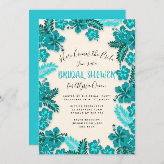 ティール（緑がかった色）アクアハイビスカストロピカルブライダルシャワー招待状 招待状 (正面/裏面)