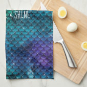 ティール（緑がかった色）アクアパープルマーメイドスパークル キッチンタオル (四つ折り)