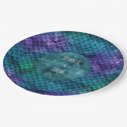 ティール（緑がかった色）アクアパープルマーメイドスパークル ペーパープレート (アングル)
