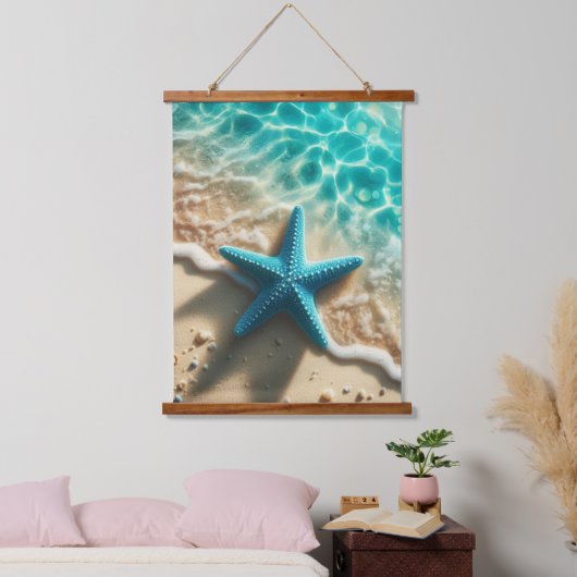 ティール（緑がかった色）アクアヒトデ熱帯ビーチ海波 吊り下げ型タペストリー (寝室)