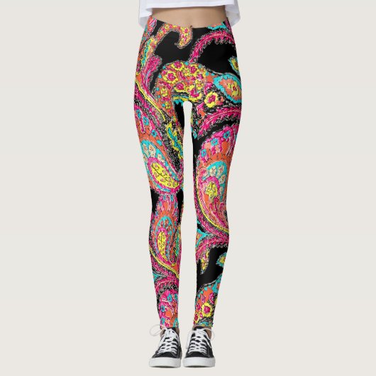 ティール（緑がかった色）アクアピンクイエロー抽象芸術ペイズリーパターン レギンス (正面)