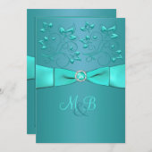 ティール（緑がかった色）、アクアフローラIIモノグラム結婚式招待状 招待状 (正面/裏面)