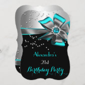 ティール(緑がかった色)アクアブラックシルバーボウパールバースデーパーティー2 招待状 (正面/裏面)