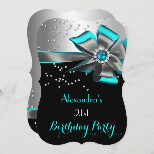 ティール（緑がかった色）アクアブラックシルバーボウパールバースデーパーティー2 招待状 (正面/裏面)