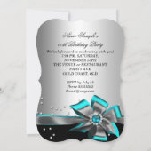 ティール(緑がかった色)アクアブラックシルバーボウパールバースデーパーティー2 招待状 (裏面)