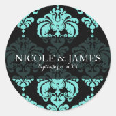 ティール（緑がかった色）アクアブラックダマスヴィンテージウェディングイベントのお気に入り ラウンドシール (正面)