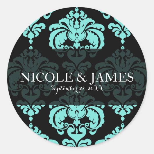 ティール(緑がかった色)アクアブラックダマスヴィンテージウェディングイベントのお気に入り ラウンドシール (正面)