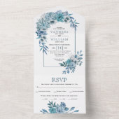 ティール(緑がかった色)、アクアブルーの花、葉結婚のアーチ オールインワン招待状 (内側)
