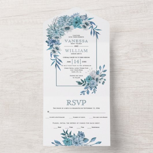 ティール(緑がかった色)、アクアブルーの花、葉結婚のアーチ オールインワン招待状 (内側)