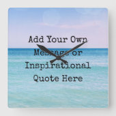 ティール(緑がかった色)アクアブルーカミング引用文海ビーチ波 スクエア壁時計 (正面)