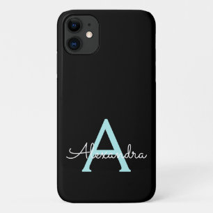 ティール(緑がかった色)アクアブルーガーリースクリプトモノグラム名モダン iPhone 11 ケース