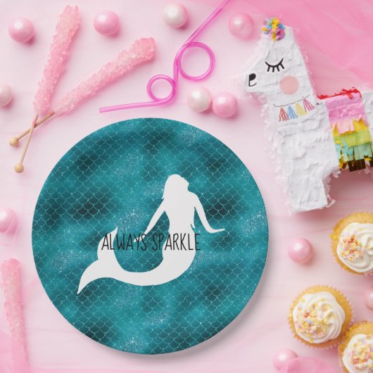 ティール（緑がかった色）アクアブルーグリッタースパークルマーメイド ペーパープレート (パーティー)