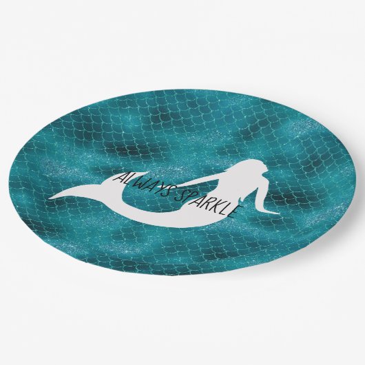 ティール（緑がかった色）アクアブルーグリッタースパークルマーメイド ペーパープレート (アングル)