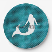 ティール（緑がかった色）アクアブルーグリッタースパークルマーメイド ペーパープレート (正面)