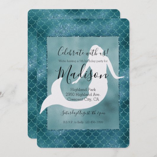 ティール(緑がかった色)アクアブルーグリッタースパークルマーメイド 招待状 (正面/裏面)