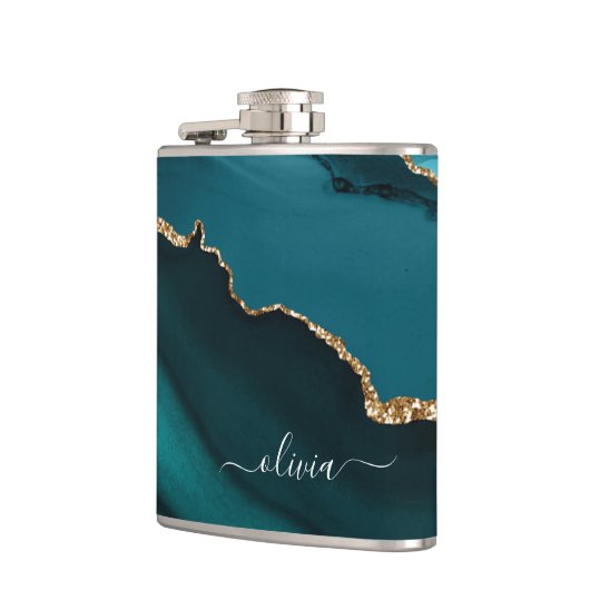 ティール(緑がかった色)アクアブルーグリーンアゲートゲード金ゴールドモノグラム フラスク (左)