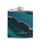 ティール（緑がかった色）アクアブルーグリーンアゲートゲード金ゴールドモノグラム フラスク (正面)