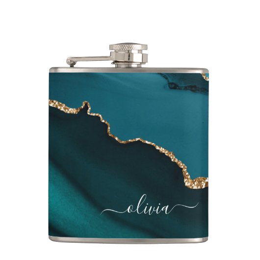 ティール（緑がかった色）アクアブルーグリーンアゲートゲード金ゴールドモノグラム フラスク (正面)