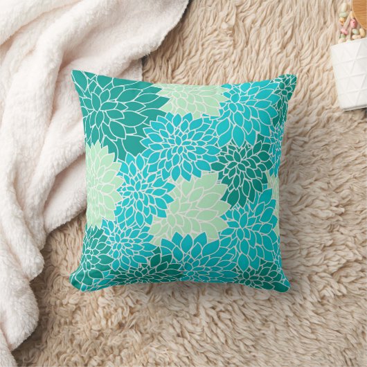 ティール（緑がかった色）アクアブルーグリーンフラワーズフローラ装飾用クッション クッション (ブランケット)