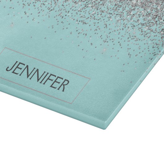 ティール（緑がかった色）アクアブルーシルバーグリッターガーリーモノグラム名 カッティングボード (角)