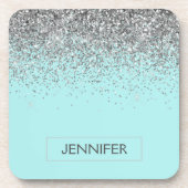 ティール(緑がかった色)アクアブルーシルバーグリッターガーリーモノグラム名 コースター (正面)