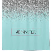 ティール(緑がかった色)アクアブルーシルバーグリッターガーリーモノグラム名 シャワーカーテン (正面)