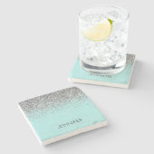 ティール（緑がかった色）アクアブルーシルバーグリッターガーリーモノグラム名 ストーンコースター (横)