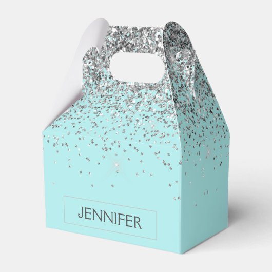 ティール（緑がかった色）アクアブルーシルバーグリッターガーリーモノグラム名 フェイバーボックス (正面サイド)
