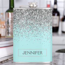 ティール（緑がかった色）アクアブルーシルバーグリッターガーリーモノグラム名 フラスク