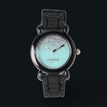 ティール（緑がかった色）アクアブルーシルバーグリッターガーリーモノグラム名 腕時計<br><div class="desc">アクアブルーティール（緑がかった色）とシルバースパークルグリッターモノグラム名腕時計。これは、最高の甘い16歳の誕生日、結婚ブライダルシャワー、記念日、赤ちゃんシャワーまたはバチェロレッテギフトを作る誰かがグラームの豪華さとシックなスタイルを愛する。</div>