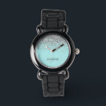 ティール（緑がかった色）アクアブルーシルバーグリッターガーリーモノグラム名 腕時計<br><div class="desc">アクアブルーティール（緑がかった色）とシルバースパークルグリッターモノグラム名腕時計。これは、最高の甘い16歳の誕生日、結婚ブライダルシャワー、記念日、赤ちゃんシャワーまたはバチェロレッテギフトを作る誰かがグラームの豪華さとシックなスタイルを愛する。</div>