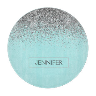 ティール（緑がかった色）アクアブルーシルバーグリッターモガーリーノグラム名 カッティングボード