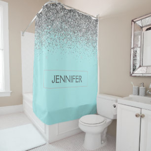 ティール(緑がかった色)アクアブルーシルバーグリッターモガーリーノグラム名 シャワーカーテン
