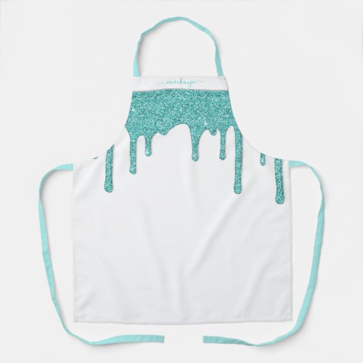 ティール（緑がかった色）アクアブルースパークルドリッピンググリッター エプロン (正面)