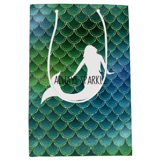 ティール（緑がかった色）アクアブルースパークルマーメイド ミディアムペーパーバッグ (正面)