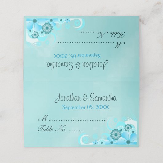 ティール（緑がかった色）アクアブルーハイビスカスフローラ折り畳みテーブル プレイスカード (外部開封)