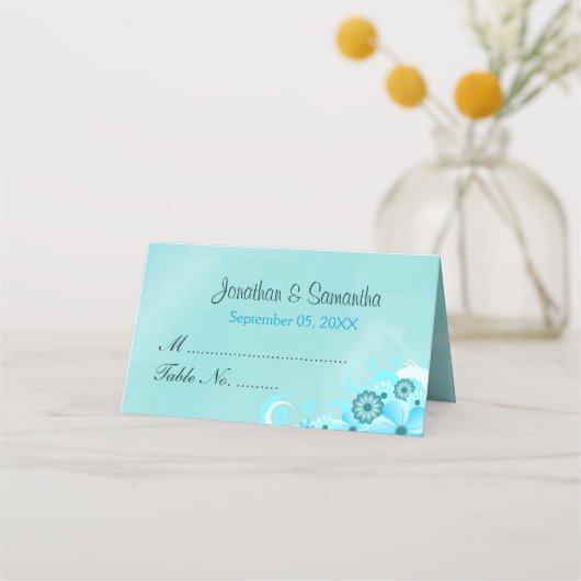 ティール（緑がかった色）アクアブルーハイビスカスフローラ折り畳みテーブル プレイスカード (裏面)