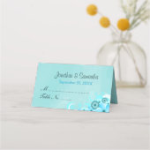 ティール（緑がかった色）アクアブルーハイビスカスフローラ折り畳みテーブル プレイスカード (正面)