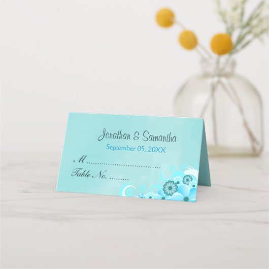 ティール(緑がかった色)アクアブルーハイビスカスフローラ折り畳みテーブル プレイスカード (正面)