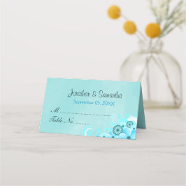 ティール（緑がかった色）アクアブルーハイビスカスフローラ折り畳みテーブル プレイスカード