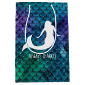 ティール（緑がかった色）アクアブルーパープルスパークルマーメイド ミディアムペーパーバッグ (正面)