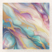 ティール（緑がかった色）アクアブルーパープルピンク金ゴールド大理石アートパターン ガラスコースター (正面)
