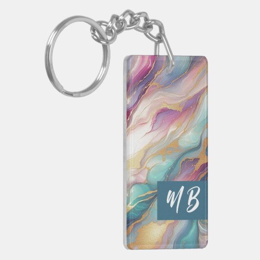 ティール(緑がかった色)アクアブルーパープルピンク金ゴールド大理石アートパターン キーホルダー (正面左)