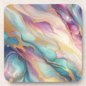 ティール(緑がかった色)アクアブルーパープルピンク金ゴールド大理石アートパターン コースター (正面)