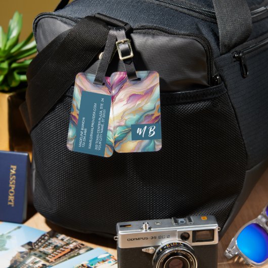 ティール(緑がかった色)アクアブルーパープルピンク金ゴールド大理石アートパターン ラゲッジタグ (正面&裏面)