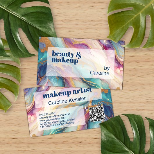 ティール(緑がかった色)アクアブルーパープルピンク金ゴールド大理石アートパターン 名刺