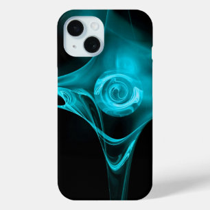 ティール(緑がかった色)アクアブルーフラクタルバラブラック iPhone 15ケース