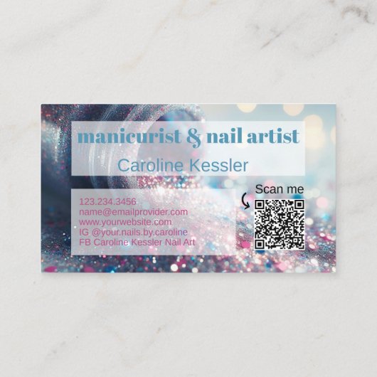 ティール（緑がかった色）アクアブルーホットピンクグリッター爪、 ネイルポーランド 名刺 (裏面)