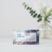 ティール（緑がかった色）アクアブルーホットピンクグリッター爪、 ネイルポーランド 名刺 (スタンド正面)